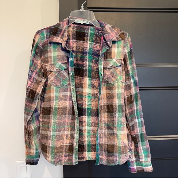 Upcycled Handmade Bleached Plaid Shirt Button Down Distressed Shirt 100% Cotton - Picture 1 of 6